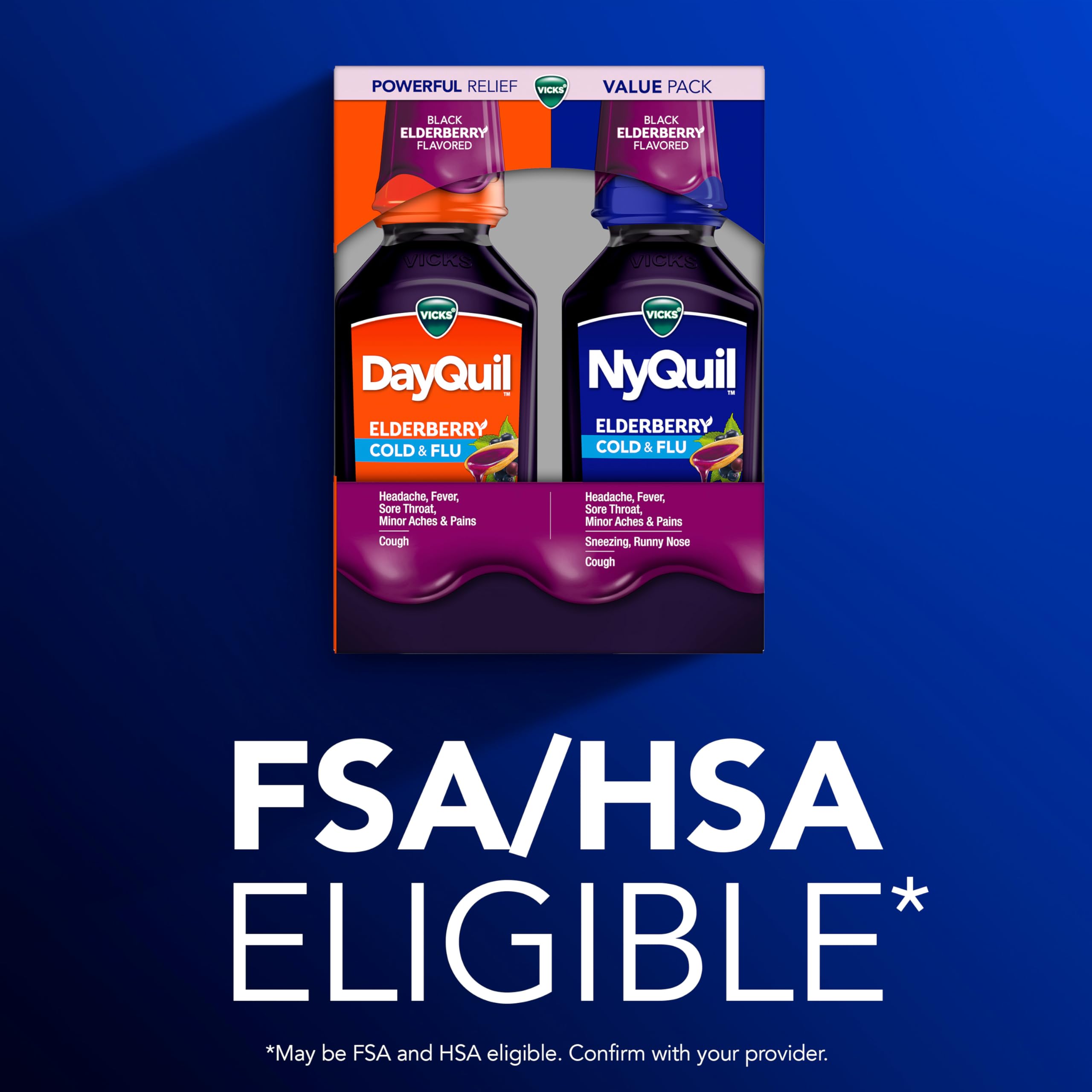 Buy now VICKS DayQuil & NyQuil Elderberry Flavor Cold & Flu Liquid Medicine Co-Pack, Multi-Symptom Relief of Headache, Fever, Sore Throat, Minor Aches & Pains, Sneezing, Runny Nose, and Cough, 2x12oz at indiglob india