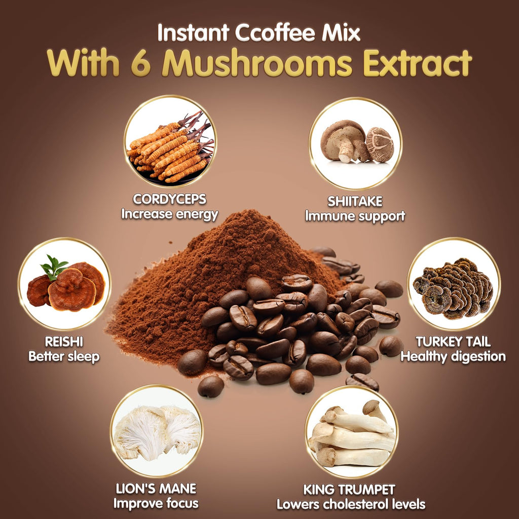 Mushroom Coffee, 6 Adaptogenic Mushrooms (Lion's Mane, Cordyceps, Turkey Tail & Other) Mixed with Premium Instant Coffee for Focus, Energy, Immune and Gut Health Support, 30 Servings