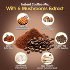 Mushroom Coffee, 6 Adaptogenic Mushrooms (Lion's Mane, Cordyceps, Turkey Tail & Other) Mixed with Premium Instant Coffee for Focus, Energy, Immune and Gut Health Support, 30 Servings