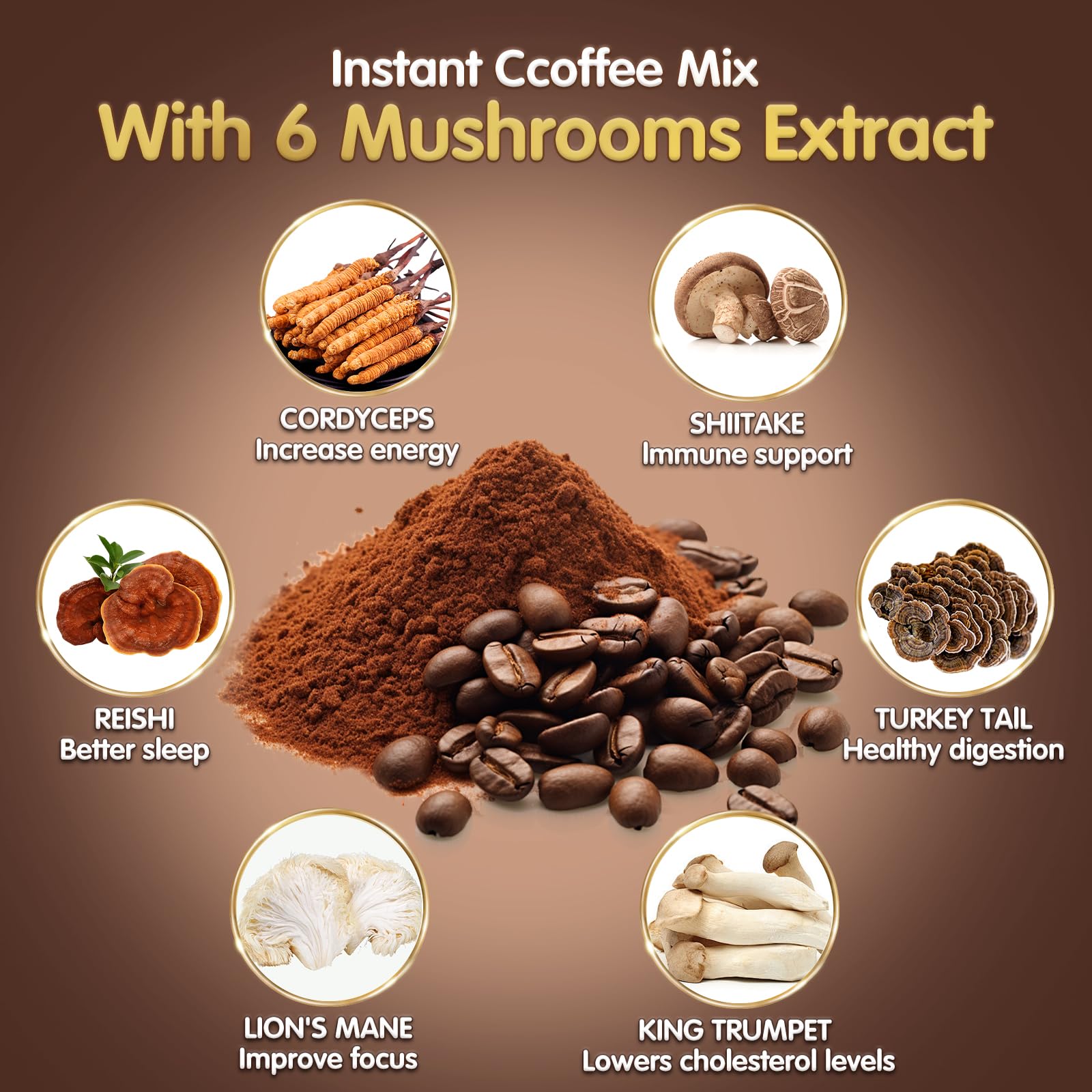 Mushroom Coffee, 6 Adaptogenic Mushrooms (Lion's Mane, Cordyceps, Turkey Tail & Other) Mixed with Premium Instant Coffee for Focus, Energy, Immune and Gut Health Support, 30 Servings