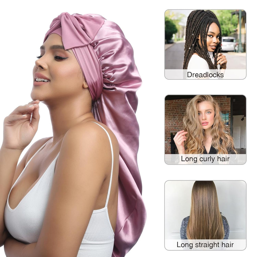 Buy now AWAYTR Long Satin Bonnet for Women - Double Layer Elastic Silk Bonnet for Braids Hair Sleeping Cap with Tie Band (Rose Gold) at indiglob india