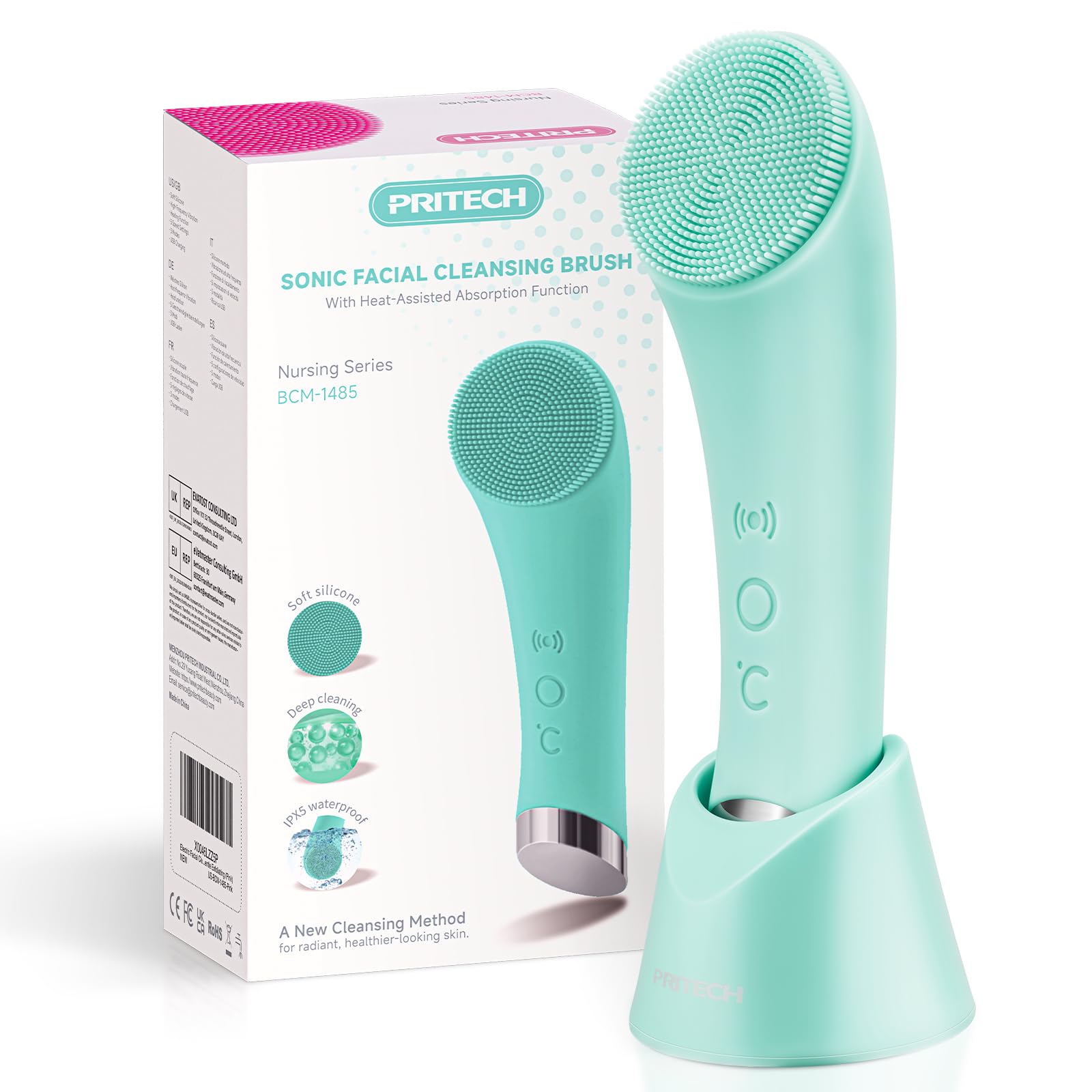 PRITECH Facial Cleansing Brush, Rechargeable Silicone Face Scrubber with Heat Massage End, Vibrating Exfoliator Scrubber for Deep Cleaning, Waterproof Face Brush for Women and Men (Pink)