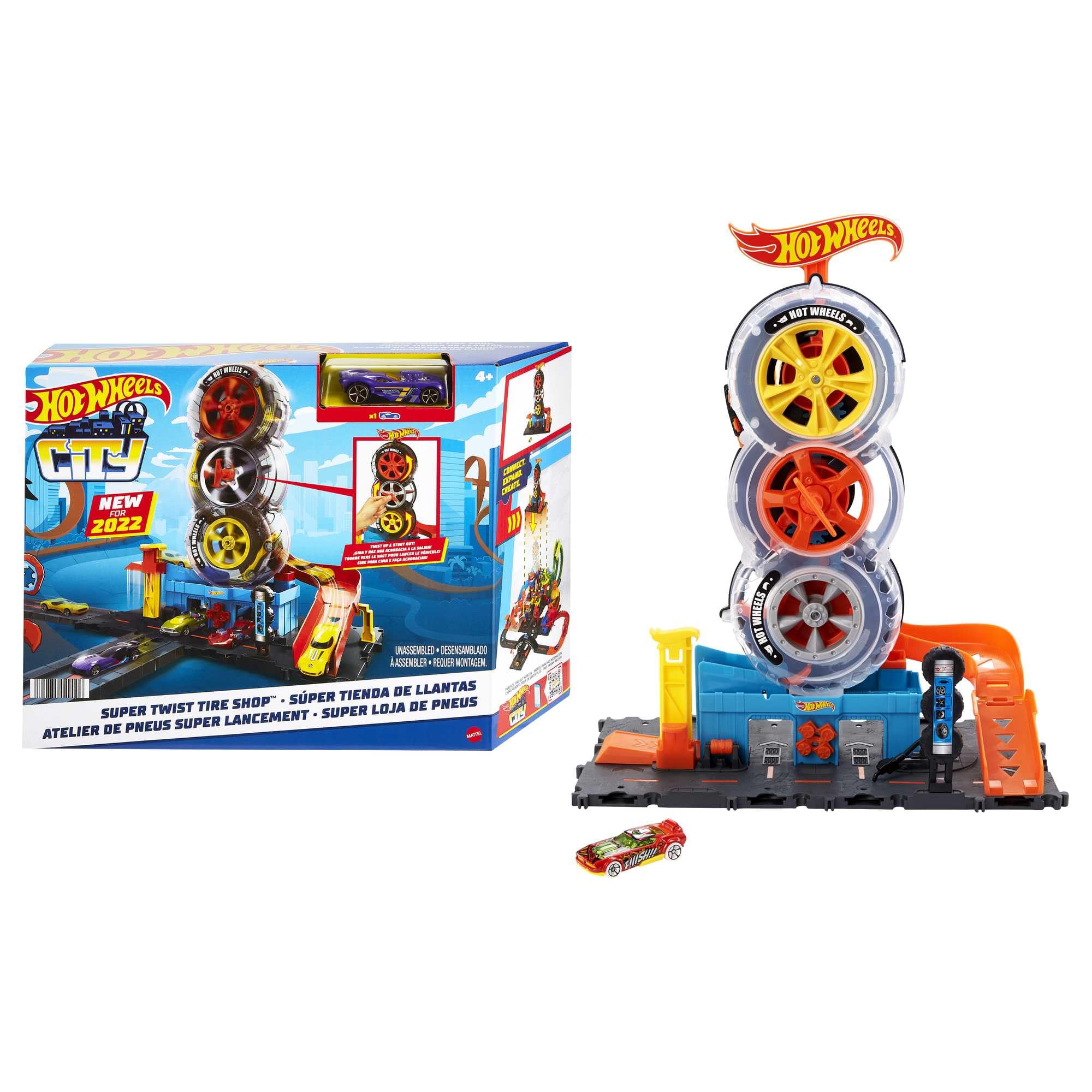 Buy now Hot Wheels City Super Twist Tire Shop Playset, Spin The Key to Make Cars Travel Through The Tires, Includes 1 Car, Gift for Kids 4 to 8 Years Old (Amazon Exclusive) at indiglob india