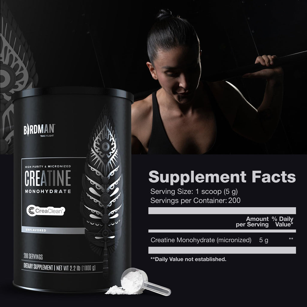 BIRDMAN Micronized Creatine Monohydrate Powder, Muscle Recovery, Caffeine Free, Creatine Pre Workout, Vegan, Post Workout, Gluten Free, Sugar Free | 200 Servings (5 Grams Each) | 2.2lb.