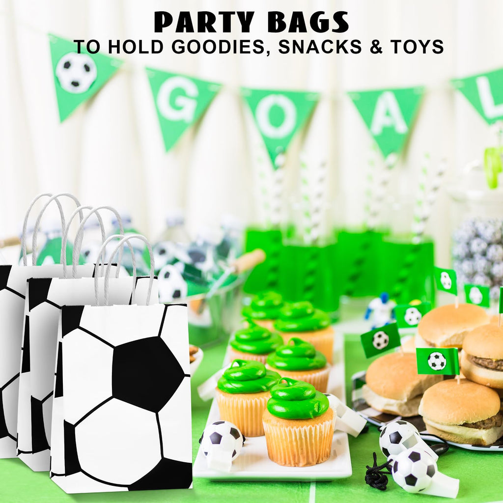 Leezmark 12 Pcs Soccer Party Favor Bags, Soccer Themed Party Gift Bags with Handles, Paper Gift Bags Soccer Goodie Bags Treat Candy Bags for Kids Adults Soccer Party Supplies