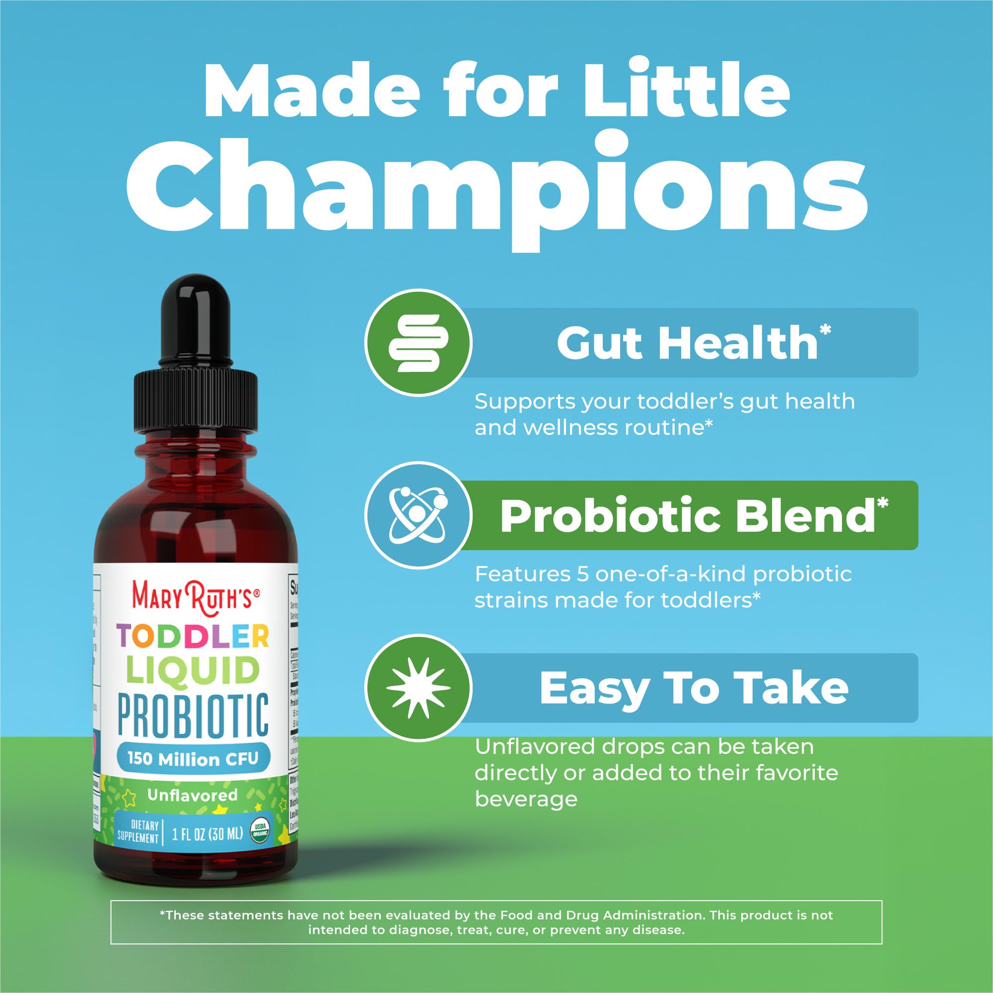 MaryRuth's Organic Toddler Probiotic Liquid Drops, Sugar Free, Ages 1-3 | 5 Probiotic Strains, 150 Million CFU Per Serving, USDA Organic, Sugar Free, Vegan
