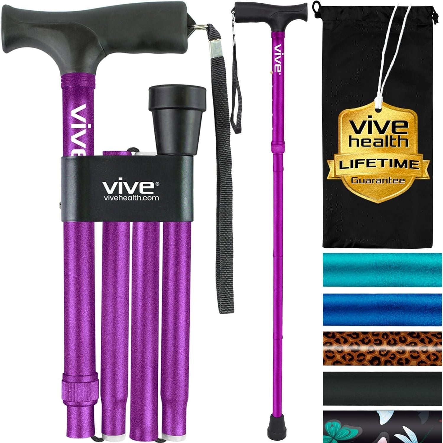 Buy now Vive Folding Cane - Foldable Walking Cane for Men, Women - Fold-up, Collapsible, Lightweight, Adjustable, Portable Hand Walking Stick - Balancing Mobility Aid - Comfortable Ergonomic Handle Purple at indiglob india