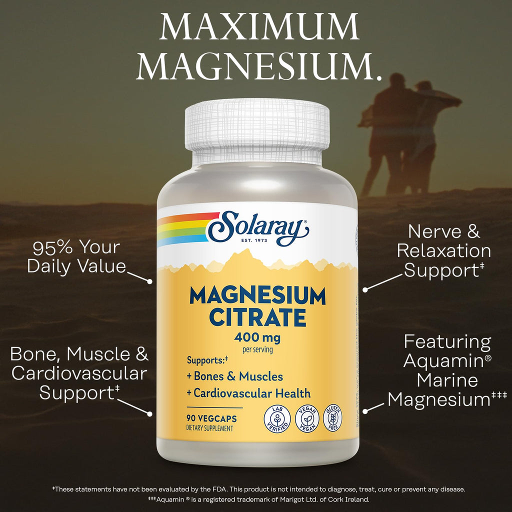 Solaray Magnesium Citrate, 400mg per Serving, 90 Vegan Capsules | Magnesium Citrate Capsules, Supplement for Calm, Bone Health, Cellular Energy, Heart & Muscle Support