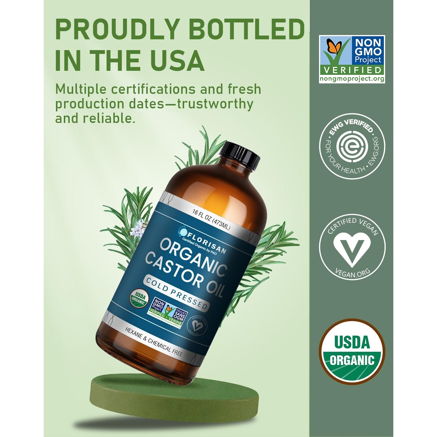 Florisan USDA Certified Organic Castor Oil 16oz Glass Bottle, Cold Pressed, Hexane-Free, Non-GMO, Vegan, 100% Pure Castor Oil for Hair Growth, Skin, Lashes, Eyebrows, EWG Verified