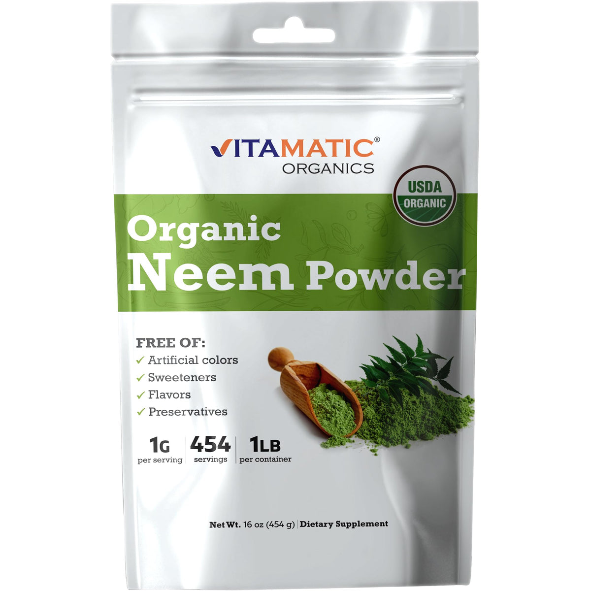 Vitamatic Certified USDA Organic Neem Leaf Powder – 1 lb (16 oz) 100% Pure Azadirachta Indica | Traditional Ayurvedic Herb for Skin, Immune, and Detox Support