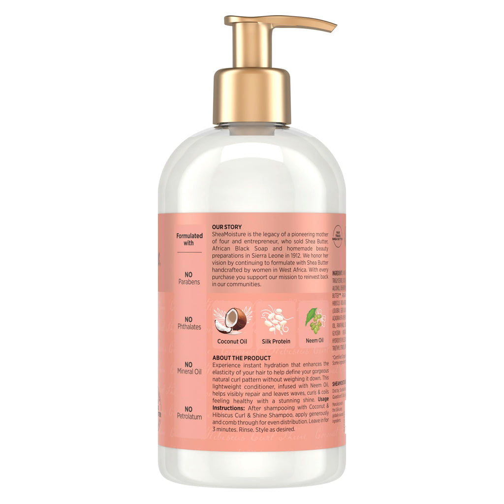 Shea Moisture Curl & Shine Conditioner Coconut & Hibiscus, for Thick, Curly Hair to Moisturize & Soften, 13 oz | Moisturizing conditioner with Coconut Oil, Neem Oil & Silk Protein to quickly detangle, reduce frizz, and hydrate curls.