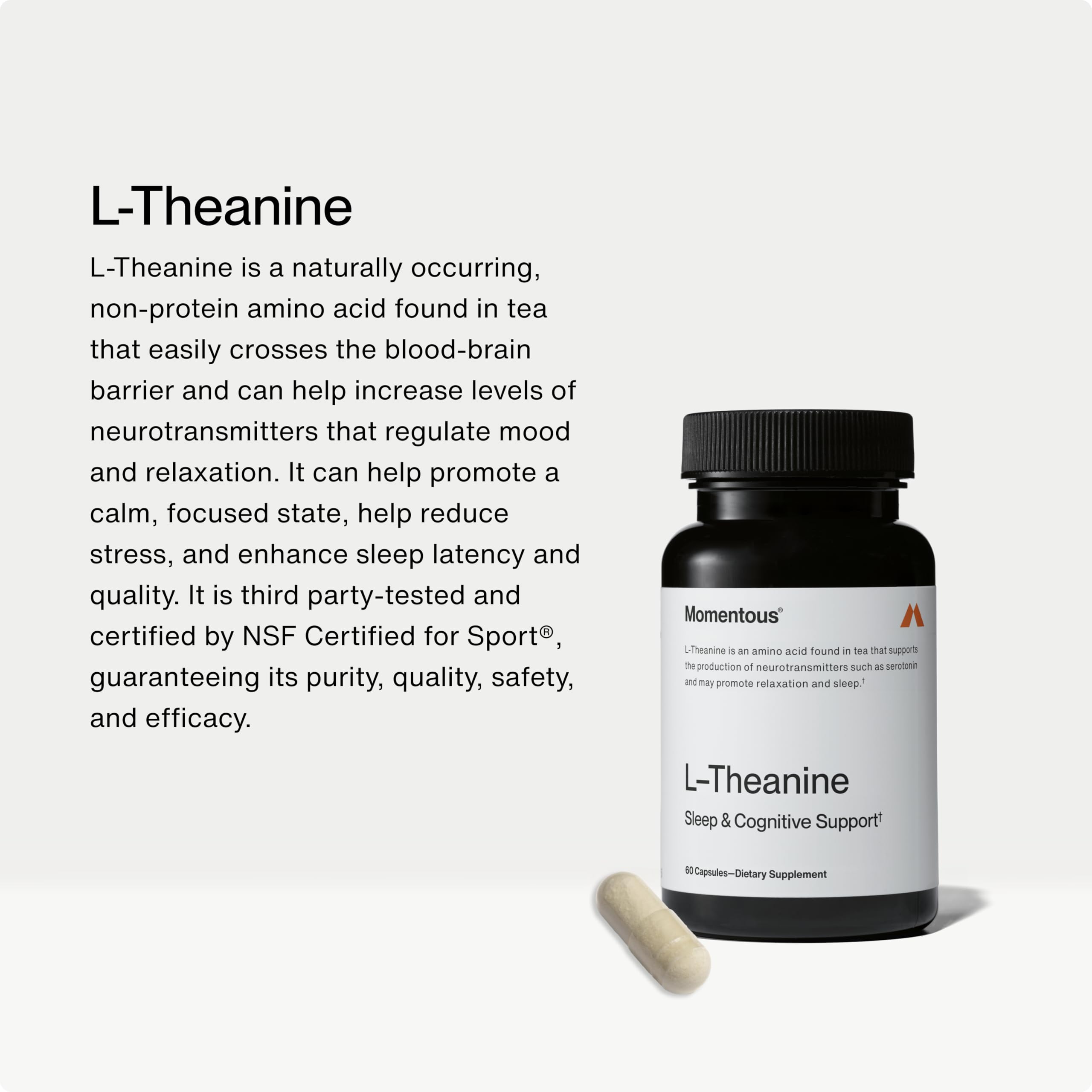 Momentous L-Theanine Supplement, Supports Relaxation & Focus, 200mg | Promotes Calm, Sleep Quality, & Cognitive Function, NSF Certified for Sport, Non-GMO & Gluten-Free (60 Servings)