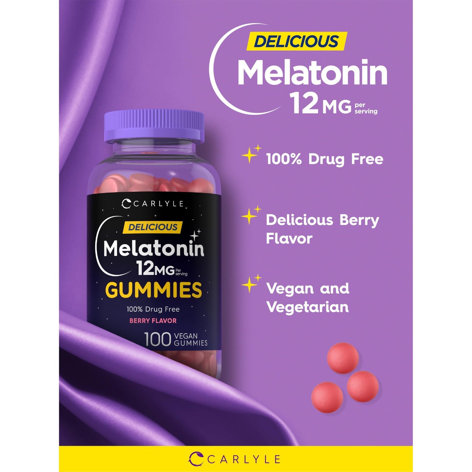 Carlyle Melatonin Gummies 12mg | 100 Count | Berry Flavor | Vegan Supplement | Non-GMO, Gluten Free