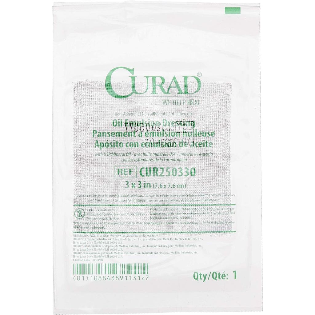 Curad Sterile Oil Emulsion Non-Adherent Gauze Dressing, 3x3 inches, for Minor Burns, Abrasions, 50 Count (Pack of 1)