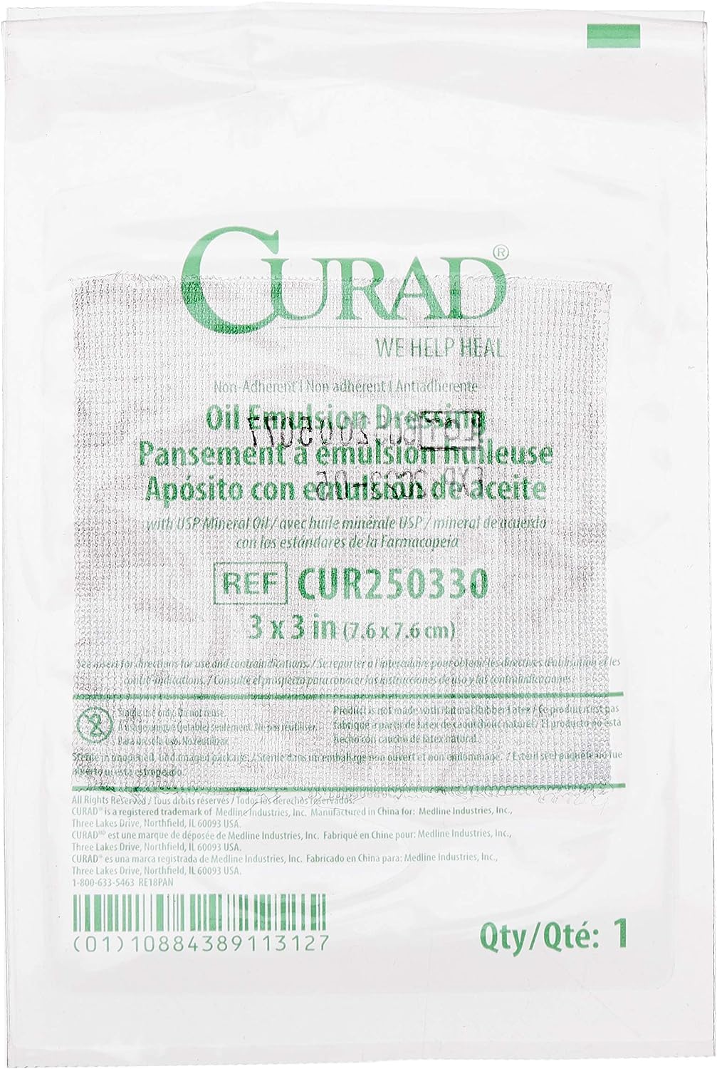 Curad Sterile Oil Emulsion Non-Adherent Gauze Dressing, 3x3 inches, for Minor Burns, Abrasions, 50 Count (Pack of 1)