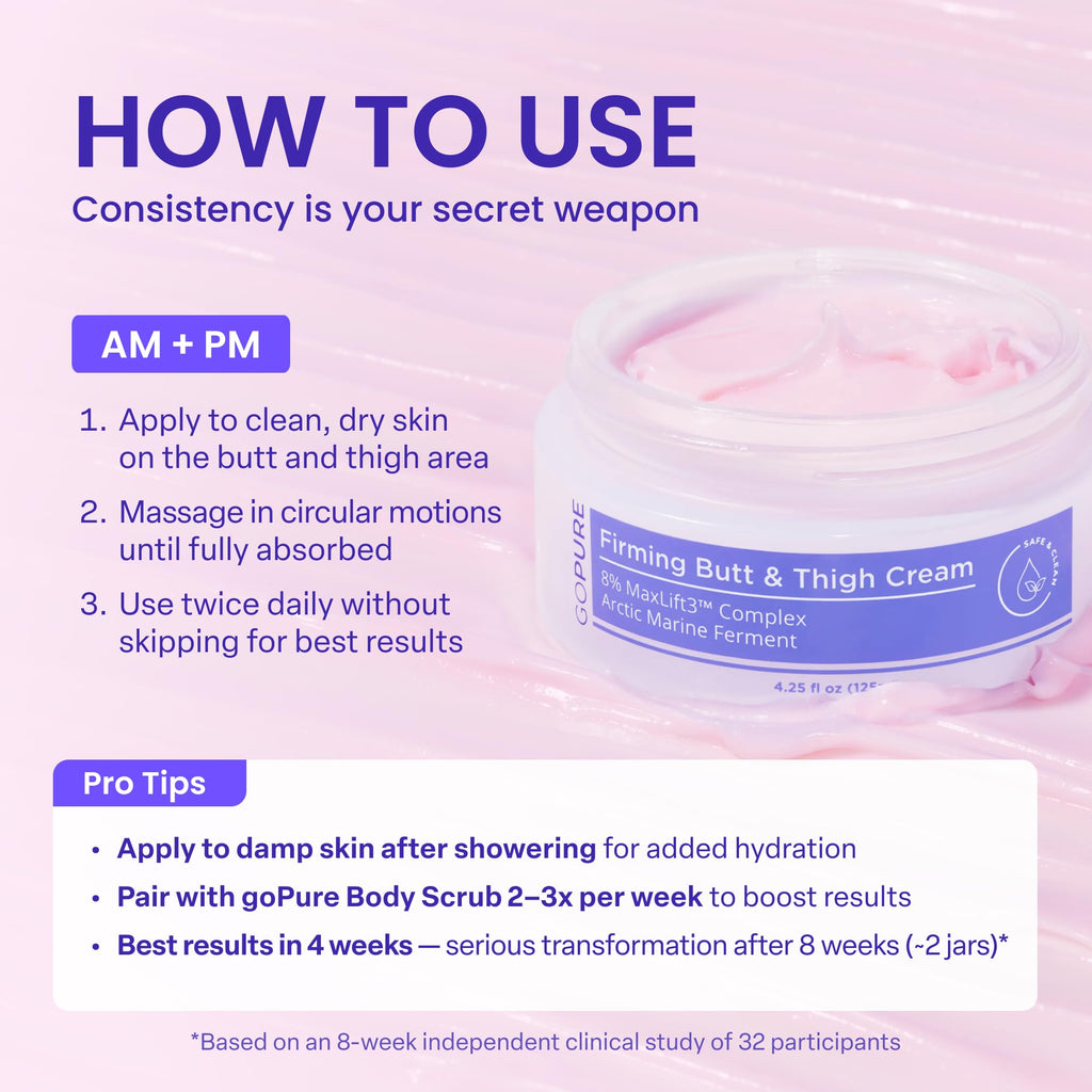 goPure Firming Butt & Thigh Cream - Skin Tightening Cream for Body with 8% MaxLift3 Complex - Visibly Smooths Stretch Marks - Cellulite Cream & Crepe Solution - Hydrating Barrier - Clinically Tested
