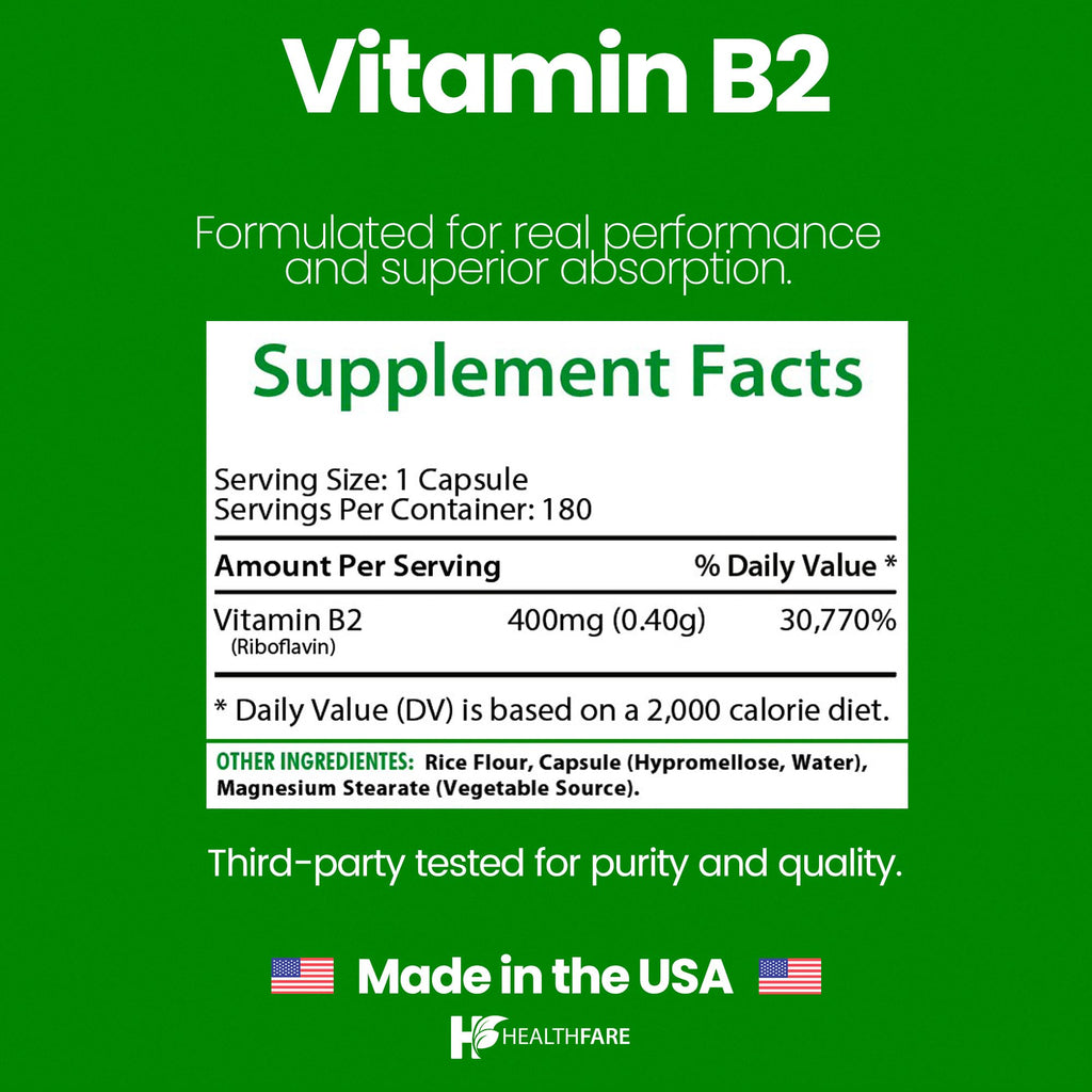 Healthfare Vitamin B2 Riboflavin 400mg | 180 Vegan Capsules | High Potency | Non-GMO | Gluten-Free | Made in USA