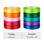 Rainbow Satin Ribbon, 3/8 Inch x 10 Rolls, 100 Yards Total