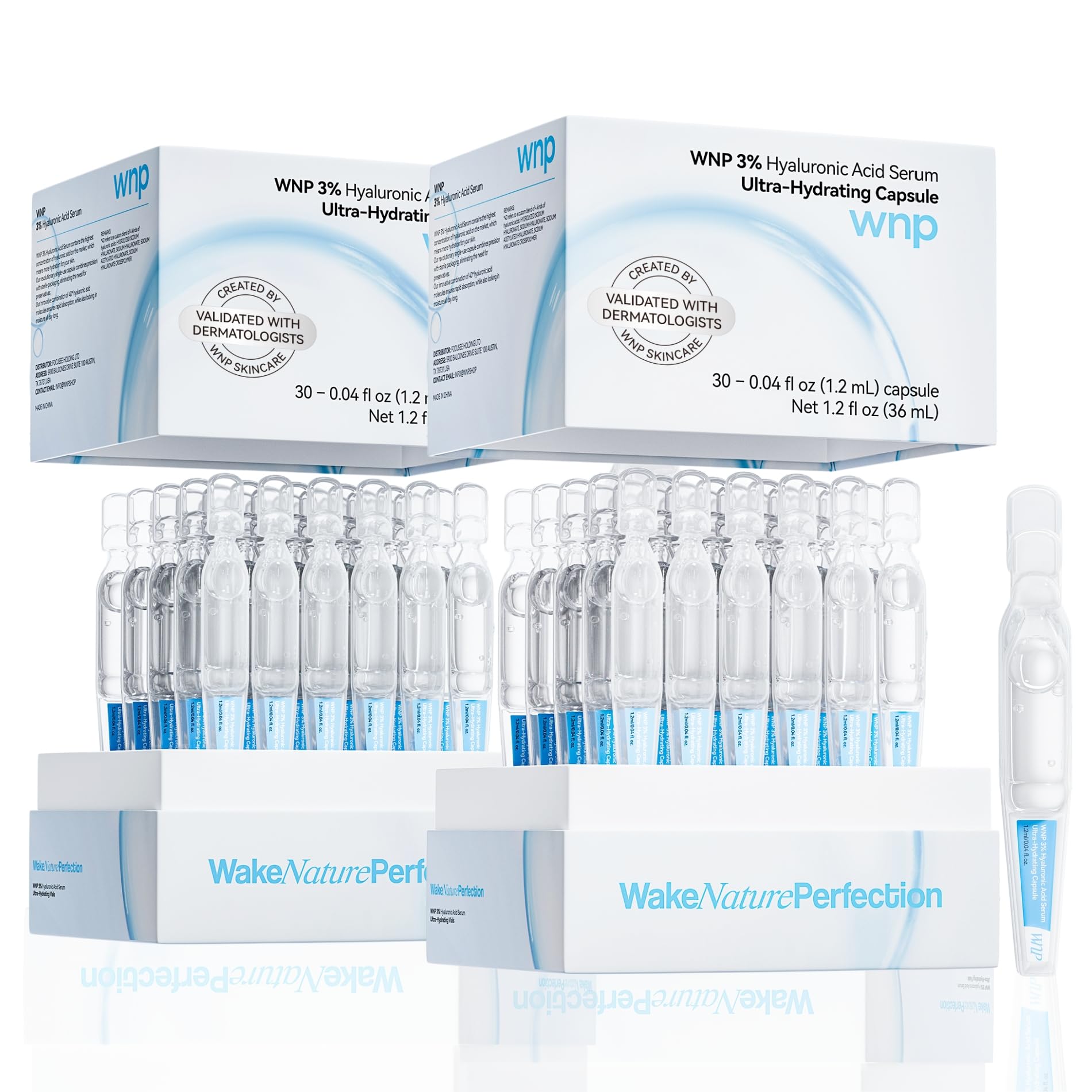 WNP Hyaluronic Acid Face Serum 3% Hydrating Ampoule for Dry Skin, 60 Ct | Sterile Single-Use| 24-Hour Hydration| Makeup-Friendly| Travel Ready| Fast-Absorbing| Moisture Care