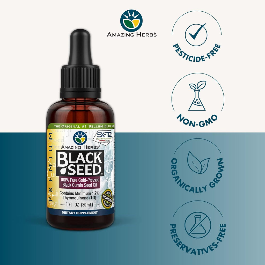 Buy now Amazing Herbs Premium Black Seed Oil - Cold Pressed Nigella Sativa Aids in Digestive Health, Immune Support, Brain Function, Joint Mobility, Gluten Free, Non GMO - 1 Fl Oz at indiglob india