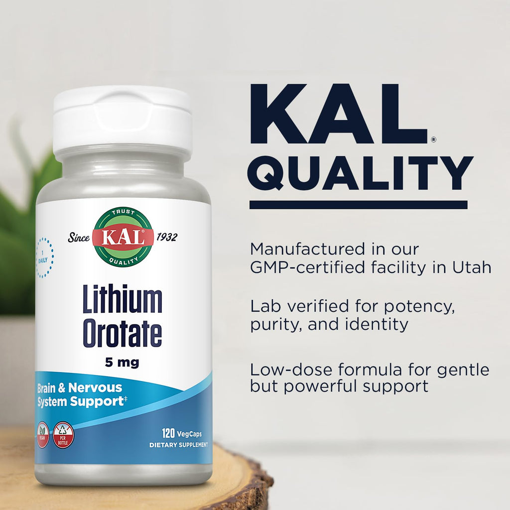 KAL Lithium Orotate 5 mg, 120 VegCaps | Mood & General Wellness Support, Highly Bioavailable Low Dose Lithium Supplement, 120 Servings, Vegan & Lab Verified