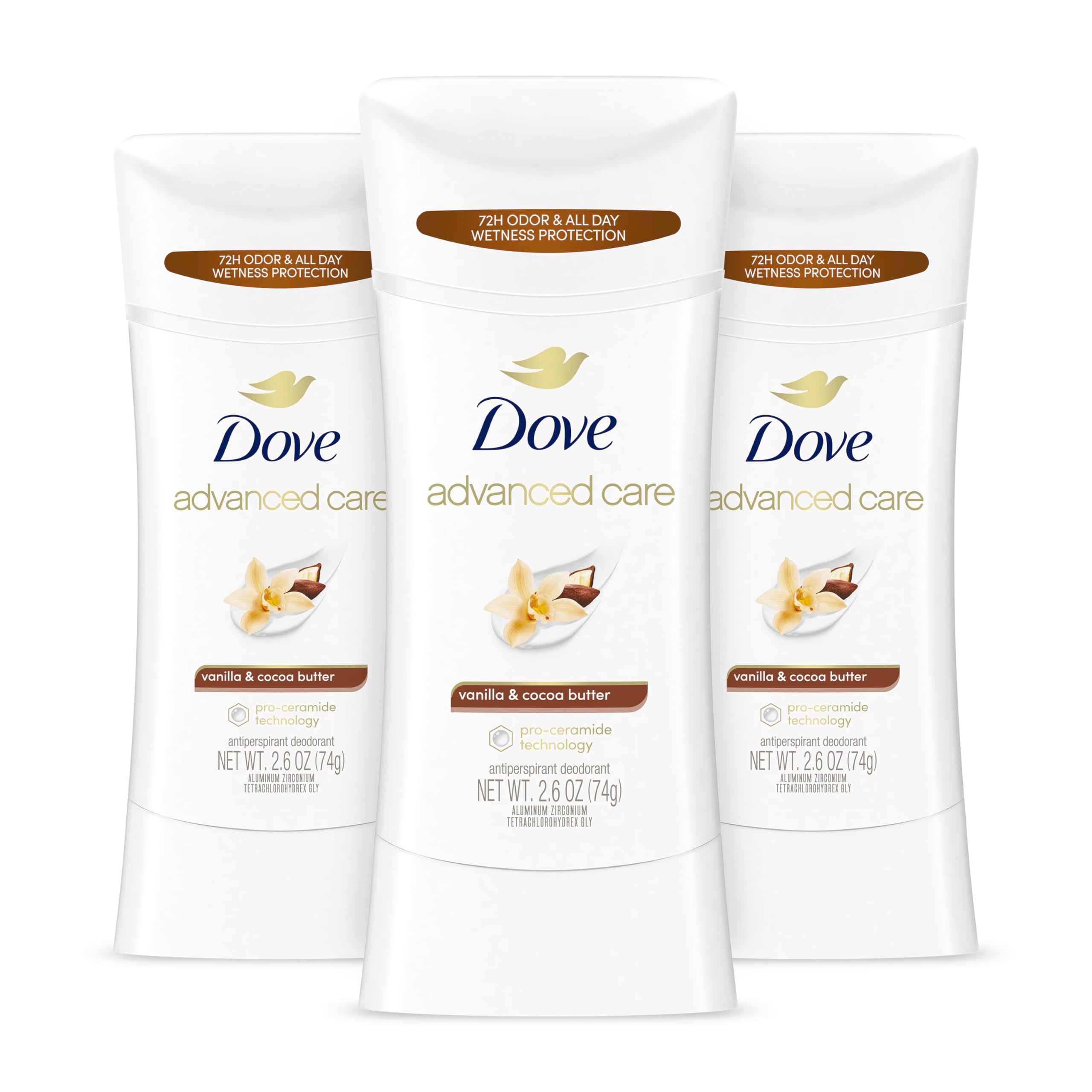 Dove Advanced Care Antiperspirant Stick Vanilla & Cocoa Butter 2.6 oz 3PK | Advanced Care Antiperspirant deodorant with Pro-Ceramide Technology 72-hour odor control and all-day sweat protection
