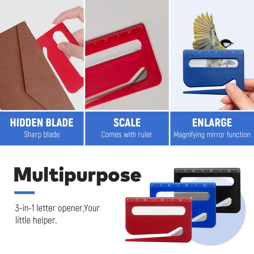 3 Pack Letter Opener Envelope Slitter, Credit Card Sized Mail Opener with Hidden Blade, Built in Ruler & Magnifier, Slim Envelope Cutter for Home Office Travel