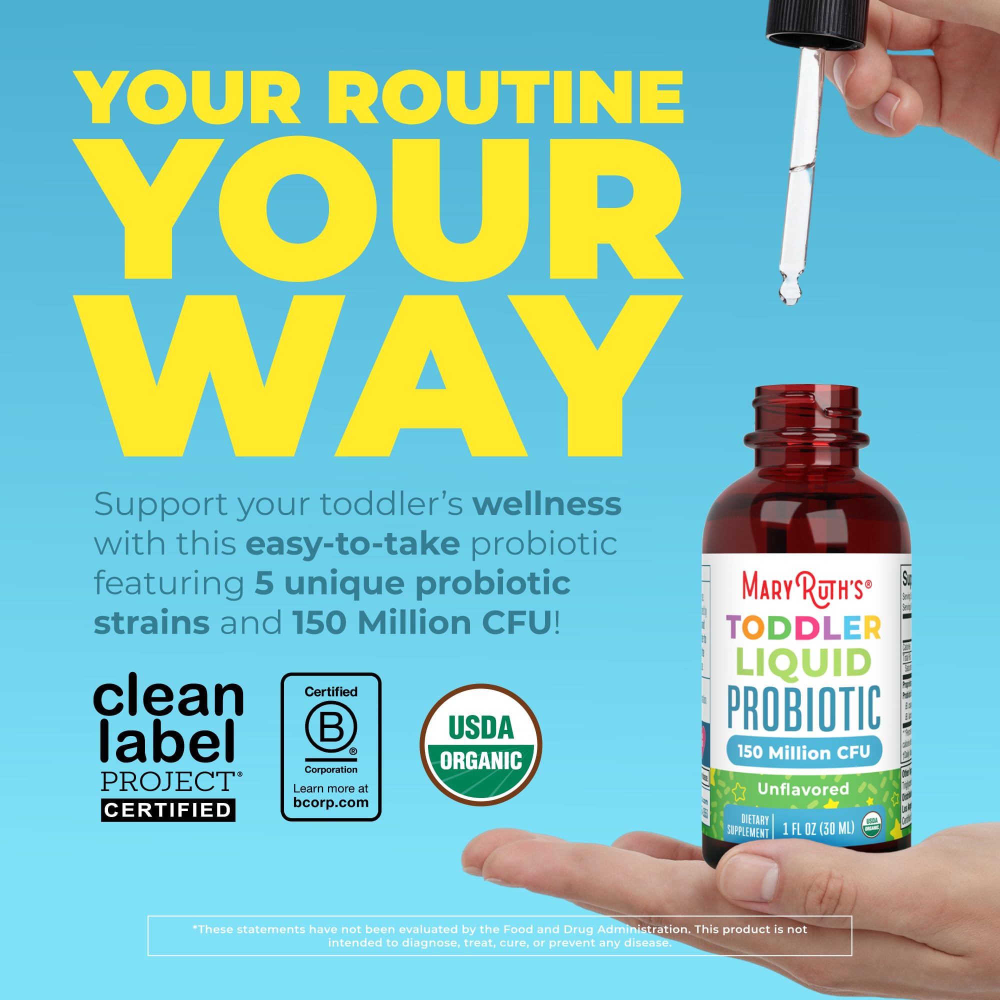 MaryRuth's Organic Toddler Probiotic Liquid Drops, Sugar Free, Ages 1-3 | 5 Probiotic Strains, 150 Million CFU Per Serving, USDA Organic, Sugar Free, Vegan