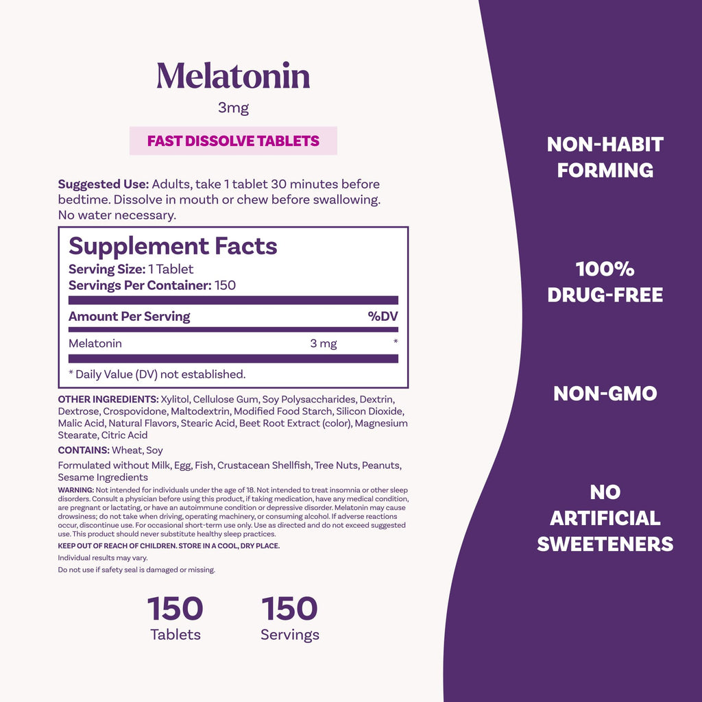 Natrol Melatonin 3 mg Fast Dissolve Tablets, Strawberry, 150 Count | Sleep Support for Adults, for Occasional Sleeplessness, No Water Needed, 100% Drug-Free, Non-Habit Forming