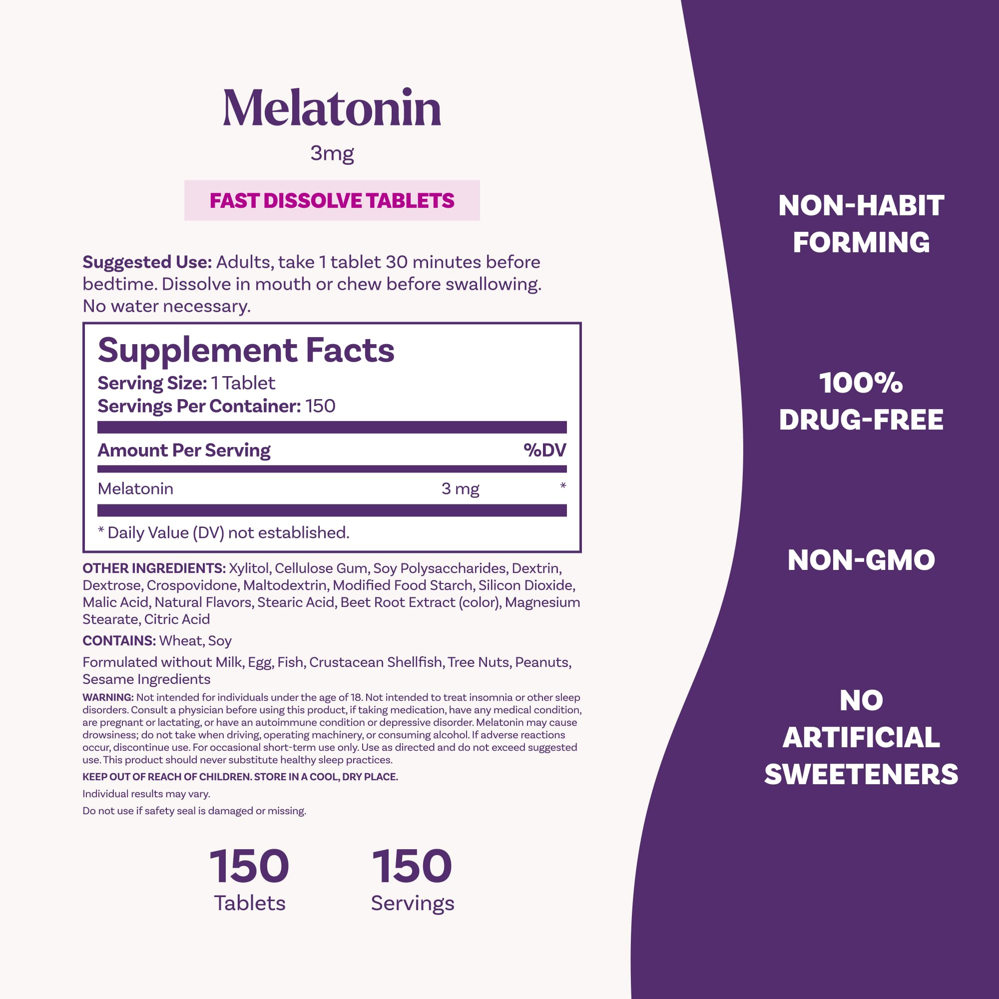 Natrol Melatonin 3 mg Fast Dissolve Tablets, Strawberry, 150 Count | Sleep Support for Adults, for Occasional Sleeplessness, No Water Needed, 100% Drug-Free, Non-Habit Forming