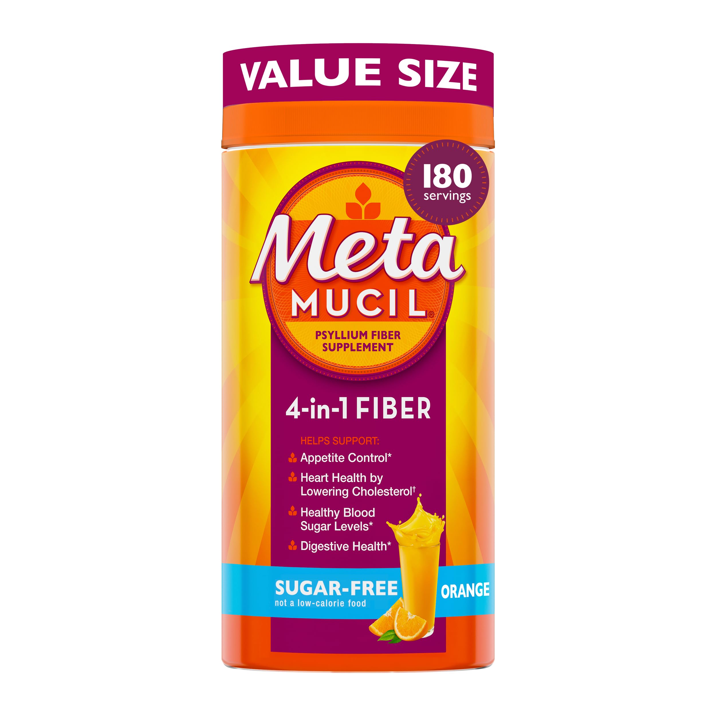 Metamucil 4-in-1 Psyllium Husk GLP-1 Friendly Fiber Supplement, Sugar-Free, 180 teaspoons, Orange Flavored, Daily Fiber Powder for Digestive Health, made with Plant-Based Psyllium Husk Fiber
