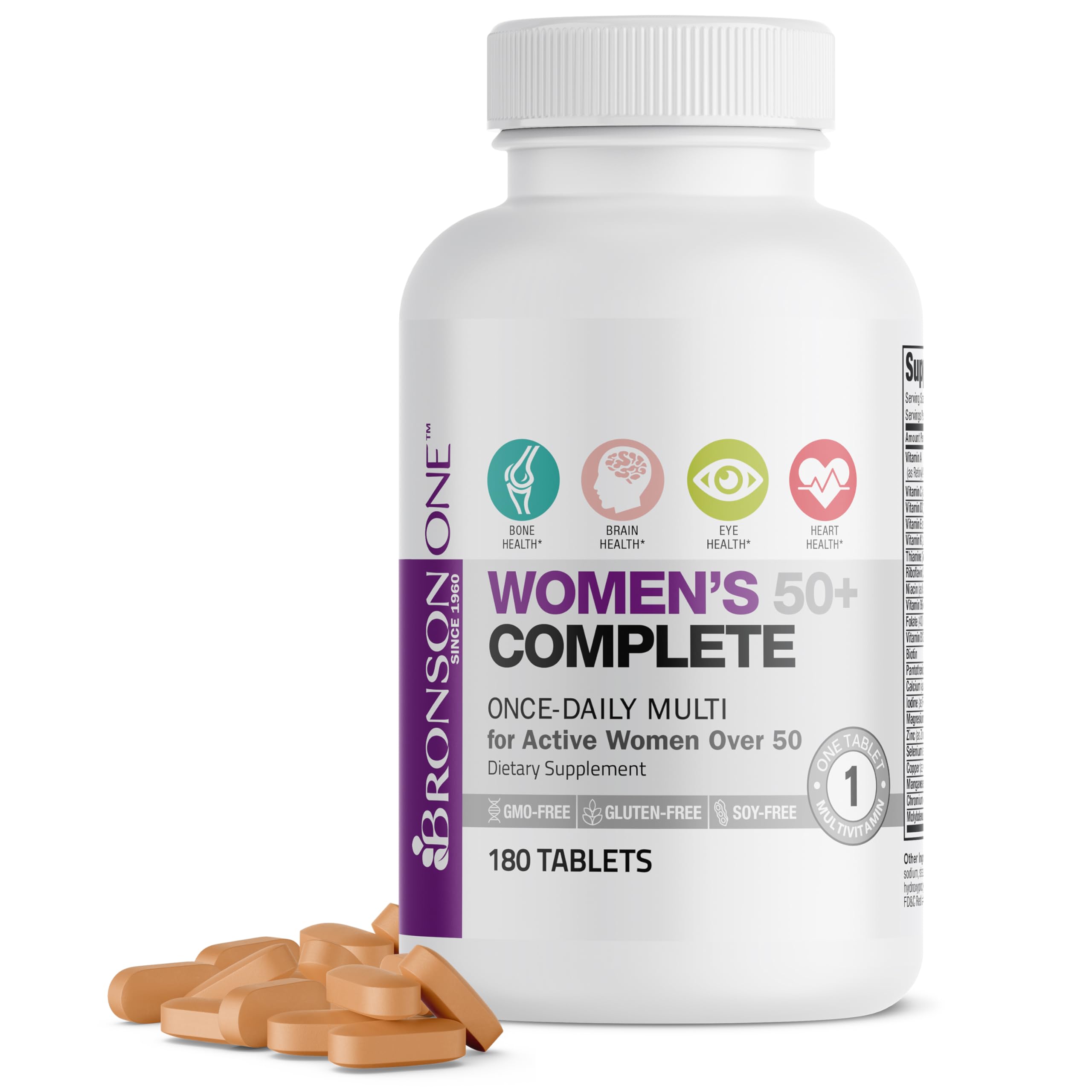 Bronson ONE Daily Women 50+ Complete Multivitamin Multimineral, 180 Tablets | Once-Daily, Targeted Nutrition For Active Women Over 50, Non-GMO, Gluten-Free, Soy-Free