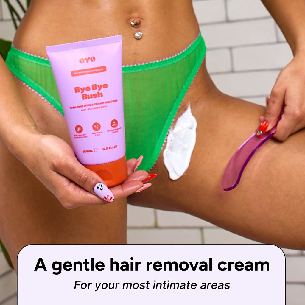 OYO Bye Bye Bush Pubic Hair Removal Cream for Women, Private Area, Bikini Hair Removal for Women, Inner Thighs & Underarms, Sensitive Skin Depilatory Cream, Aloe & Cucumber, 5 fl oz