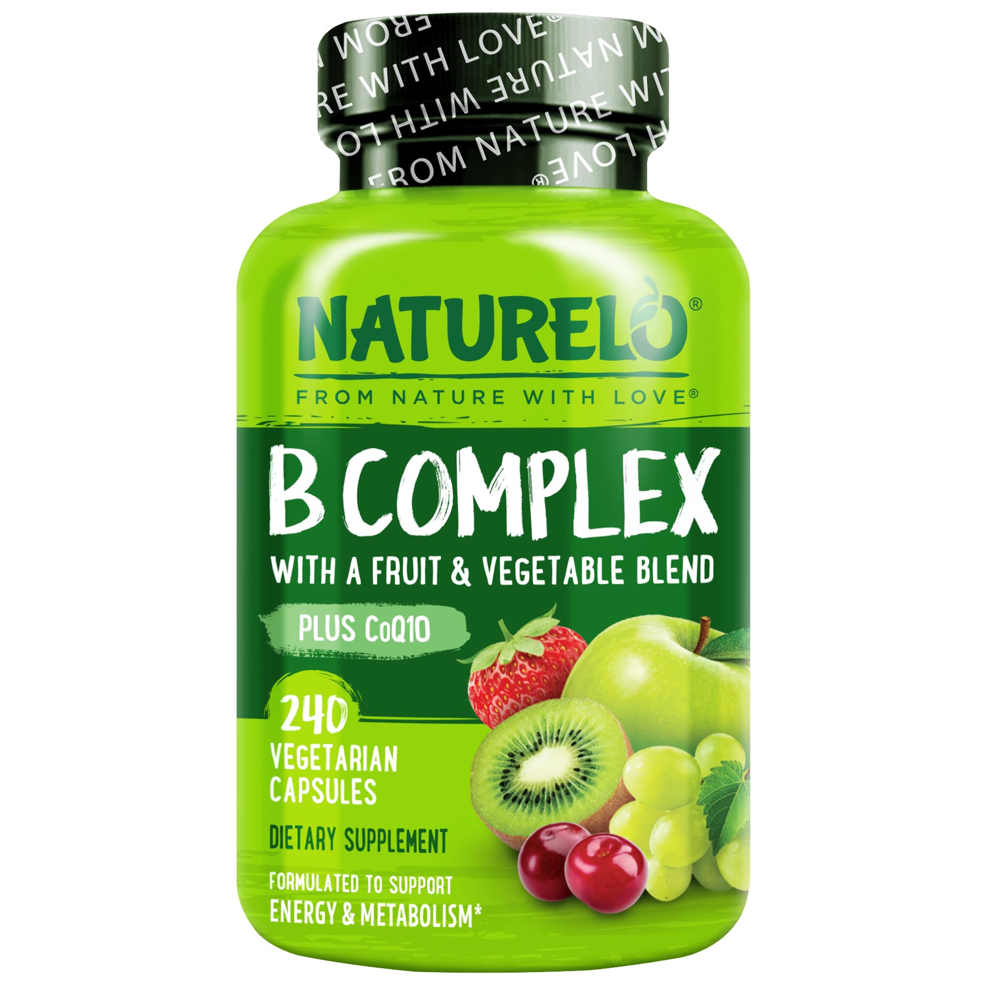 NATURELO Vitamin B Complex, 120 Capsules, Vegan, CoQ10, Methyl Folate | Biotin, Fruit & Vegetable Blend, Supports Energy And Healthy Stress Response, Super B Complex Vitamins for Women and Men