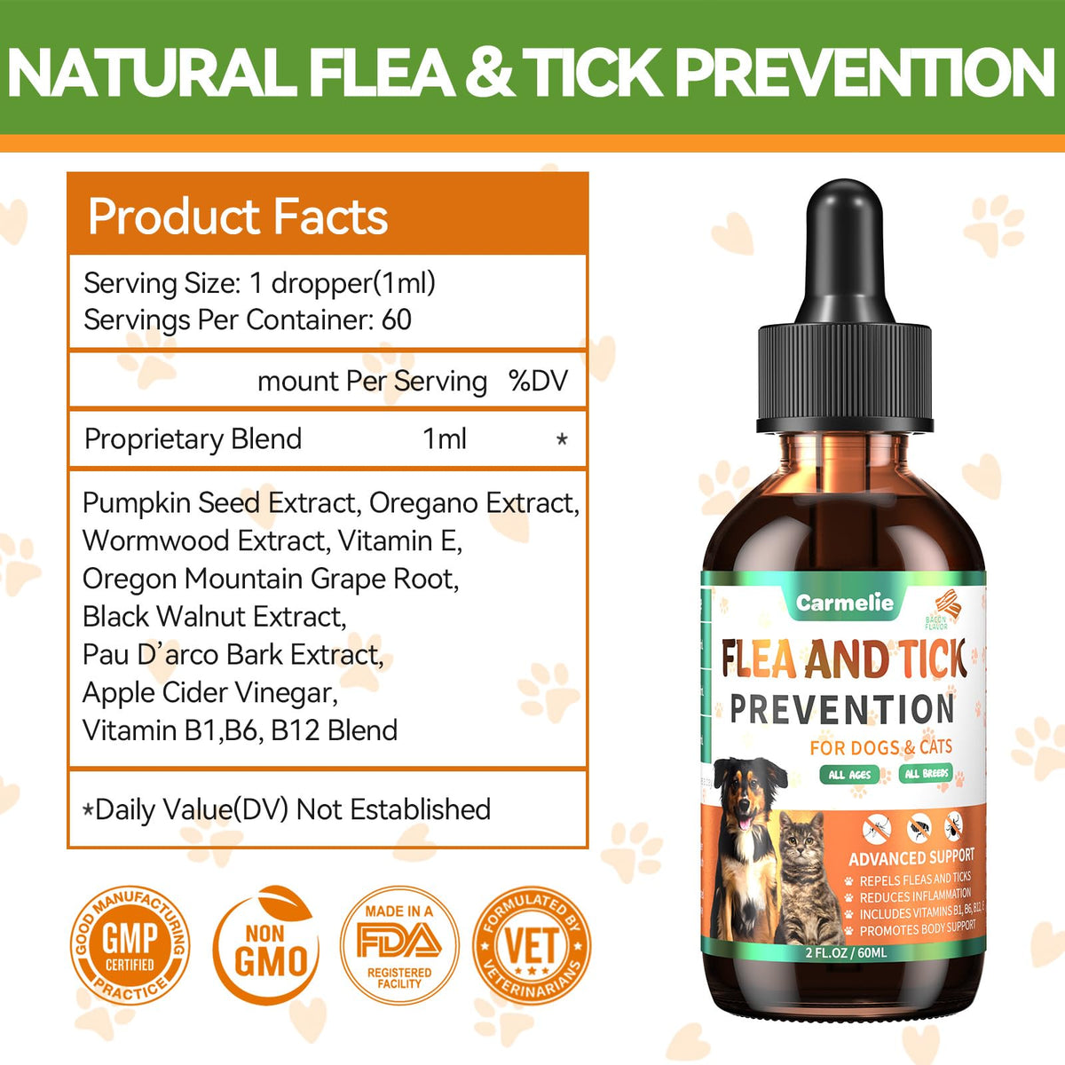 Oral Flea and Tick Prevention for Dogs and Cats with Vitamin 60ml- Bacon