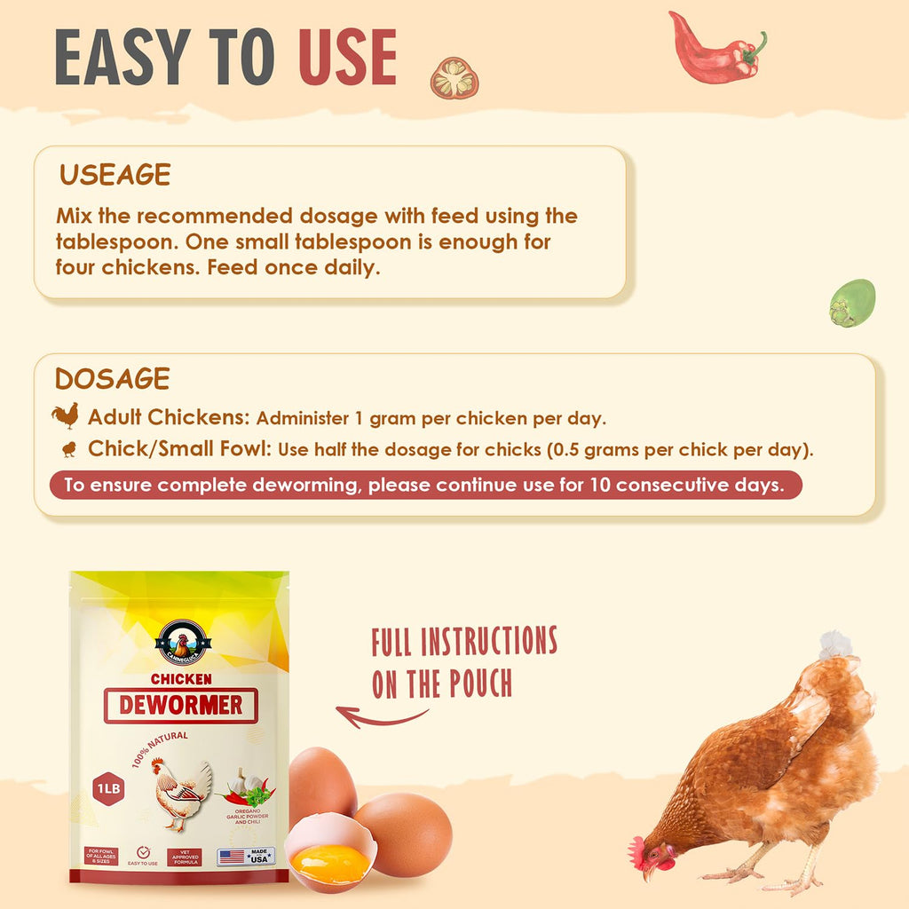 Natural Chicken Dewormer Powder, Chili Mix Formula, 1LB XL Pouch, Poultry Wormer for Laying Hens, Egg Safe, Gut Health Support, US-Made for Backyard Flocks