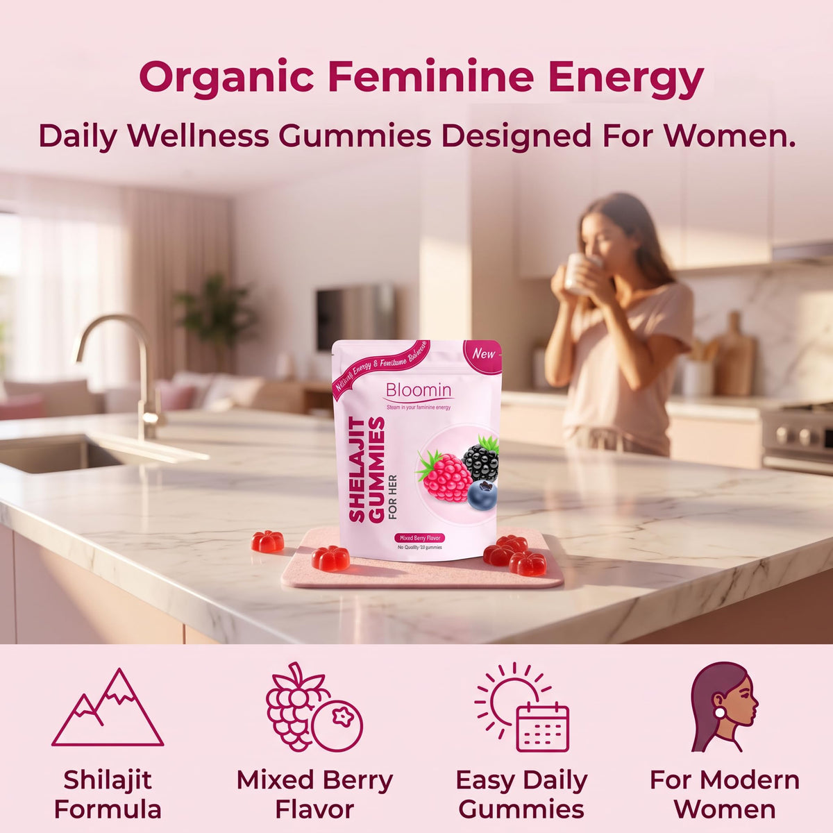 Bloomin Shilajit Gummies for Women - Feminine Wellness Supplement with Natural Energy & Daily Balance, Mixed Berry Flavor, Daily Herbal Gummies for Women - 60 Count