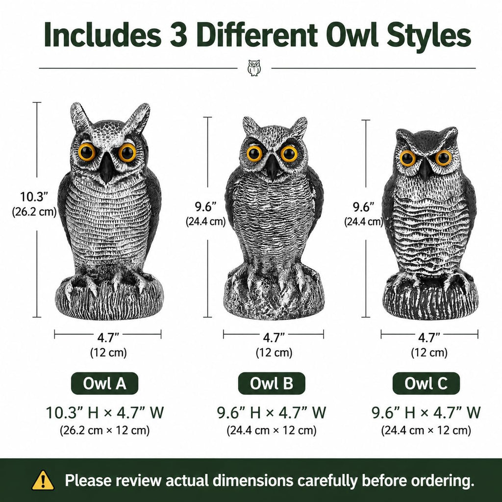 3-Pack Owl Decoys for Bird Deterrent - Weatherproof Bird Repellent Devices for Outdoor Use - Plastic Owls to Scare Birds Away and Control Garden Pests