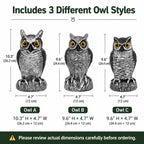 3-Pack Owl Decoys for Bird Deterrent - Weatherproof Bird Repellent Devices for Outdoor Use - Plastic Owls to Scare Birds Away and Control Garden Pests