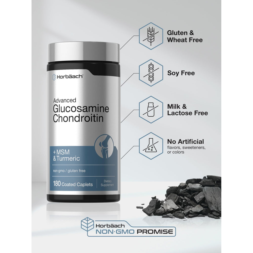 Horbäach Glucosamine Chondroitin | Plus MSM & Turmeric | 180 Coated Caplets | Non-GMO, Gluten Free Supplement