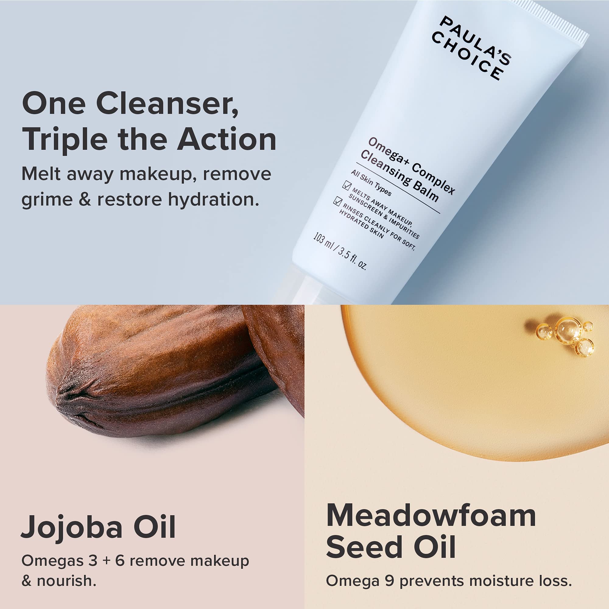Buy now Paula's Choice Omega Complex Face Cleansing Balm, Double Cleanse Face Wash & Gentle Daily Makeup Remover, Suitable for Dry & Sensitive Skin, Mineral Oil-Free, & Fragrance-Free, 3.5 Fl Oz at indiglob india