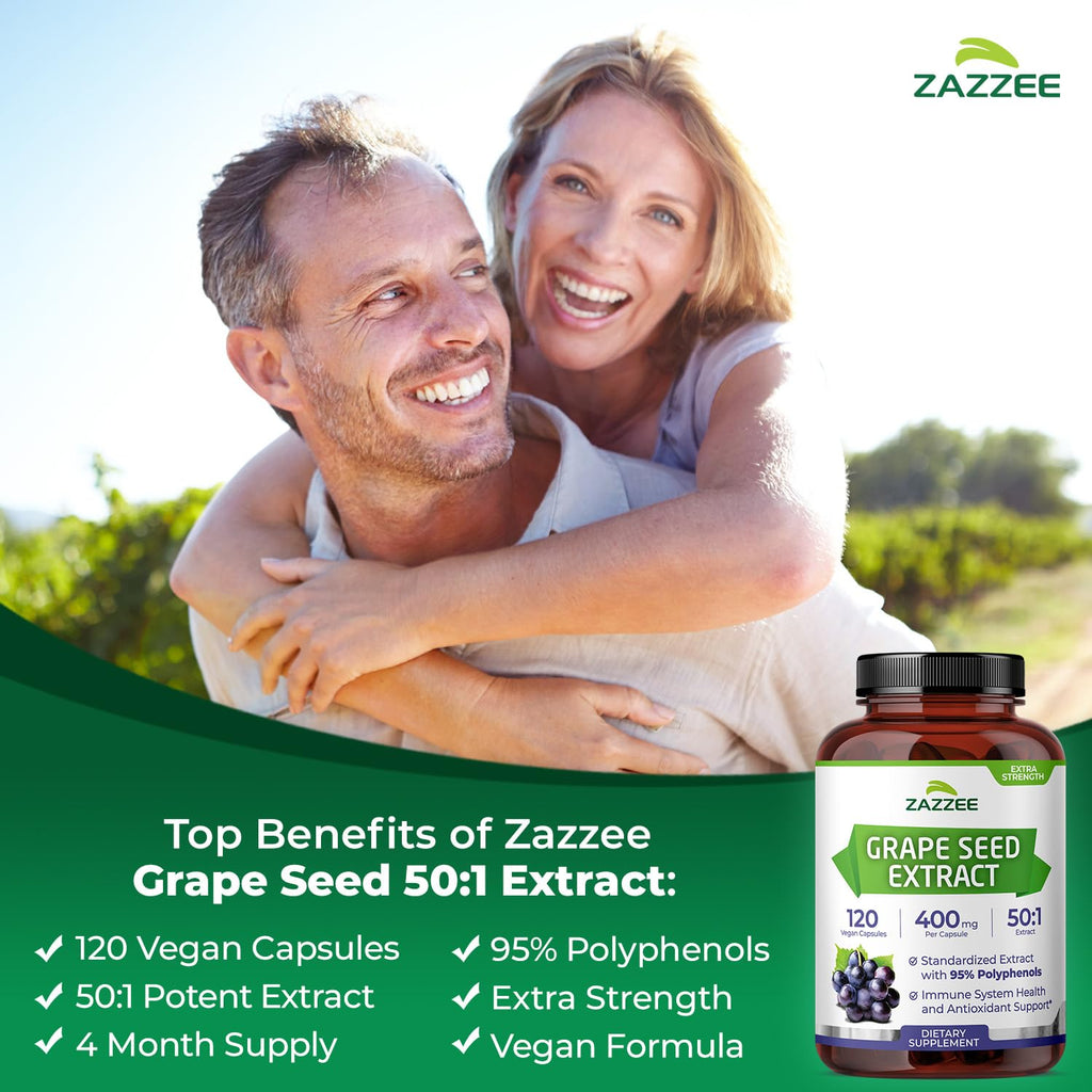 Zazzee High Strength Grape Seed 50:1 Extract, 120 Capsules, 95% Polyphenols | Vegan, 400 mg per Capsule, 4 Month Supply, Antioxidant, Circulation & Blood Flow Support, Non-GMO, Made in the USA