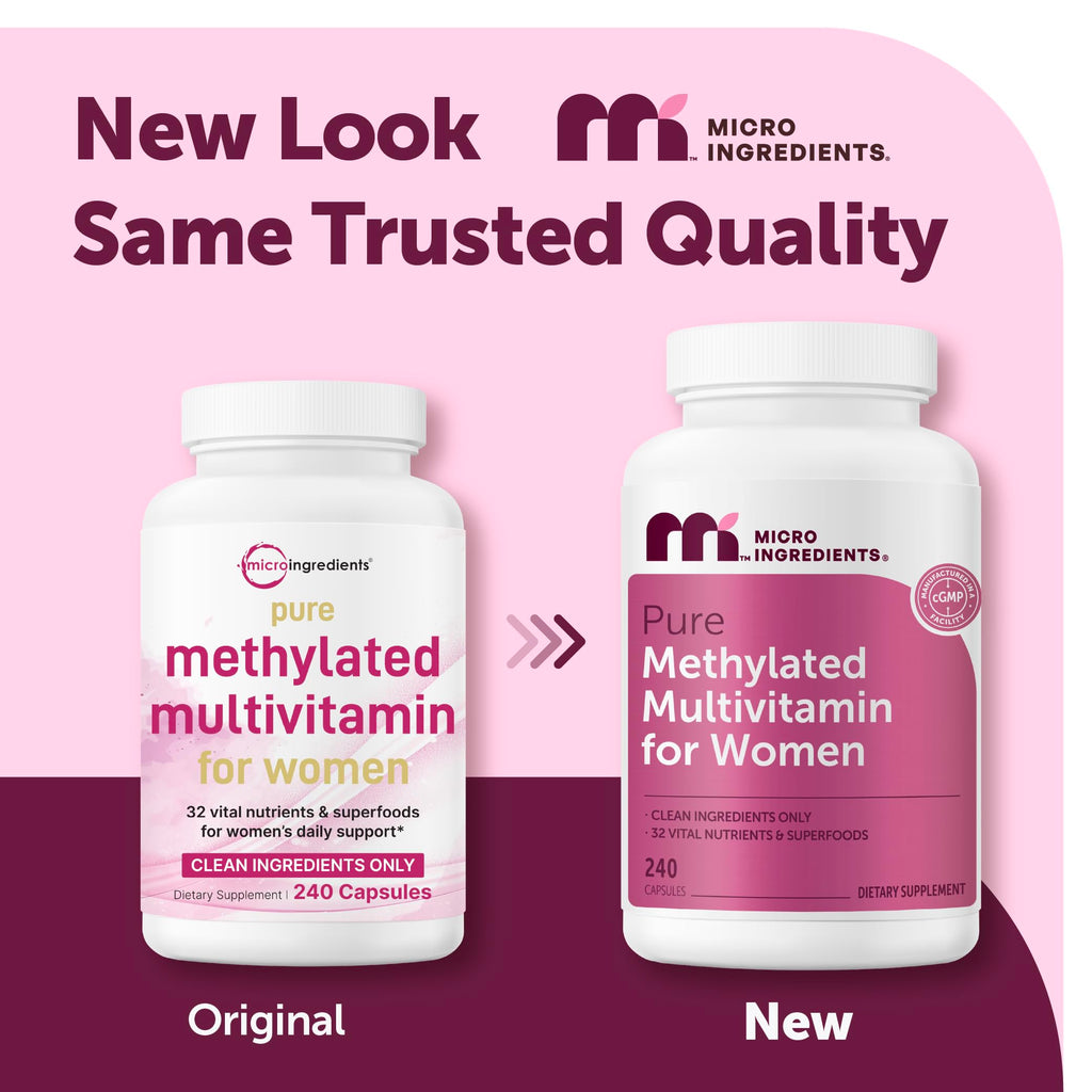Micro Ingredients Pure Methylated Multivitamin for Women, 240 Capsules | 32-in-1 Formula with Vitamin B, C, D + Iron, Methylfolate & More | Supports Women 's Daily Wellness | Filler Free, Non-GMO