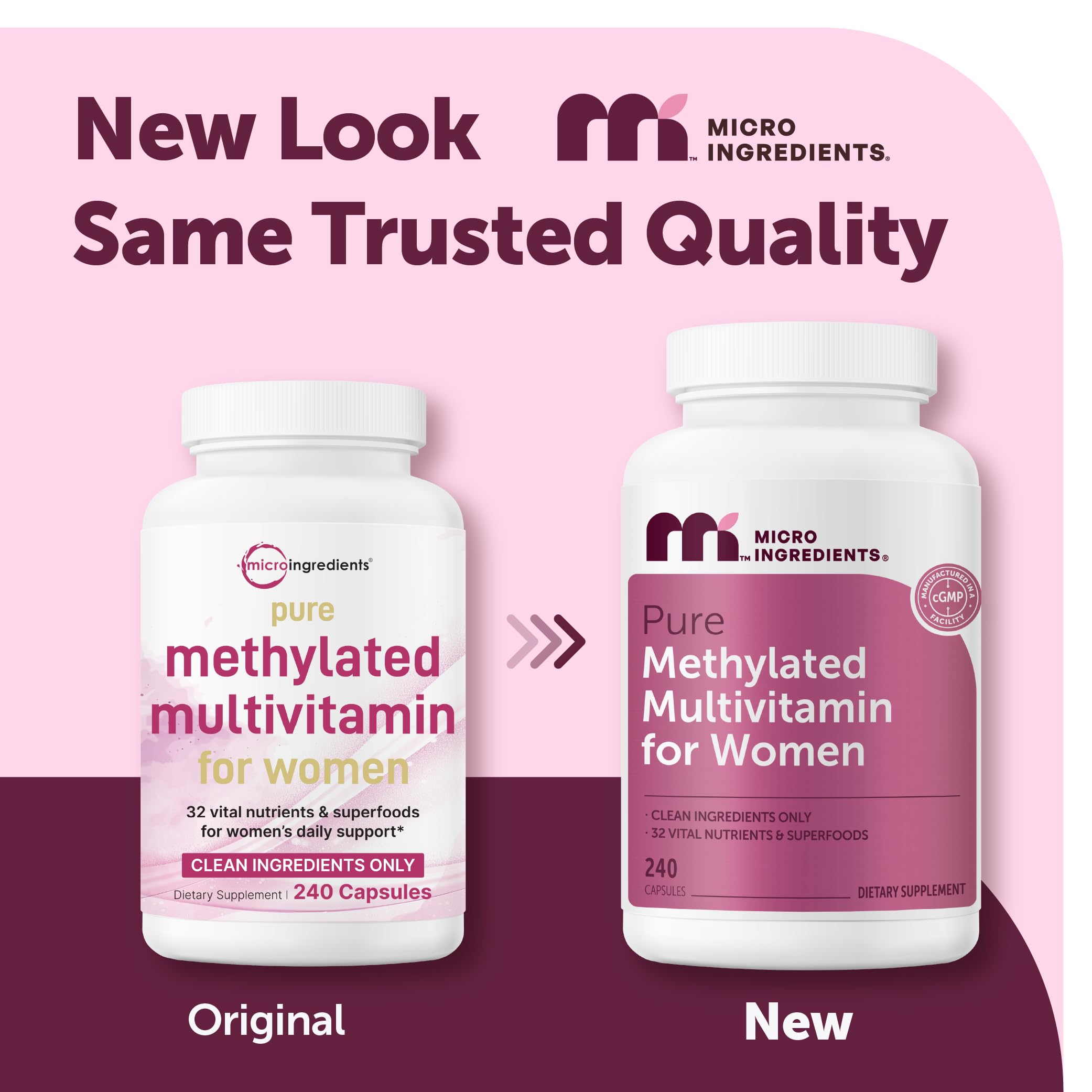 Micro Ingredients Pure Methylated Multivitamin for Women, 240 Capsules | 32-in-1 Formula with Vitamin B, C, D + Iron, Methylfolate & More | Supports Women 's Daily Wellness | Filler Free, Non-GMO