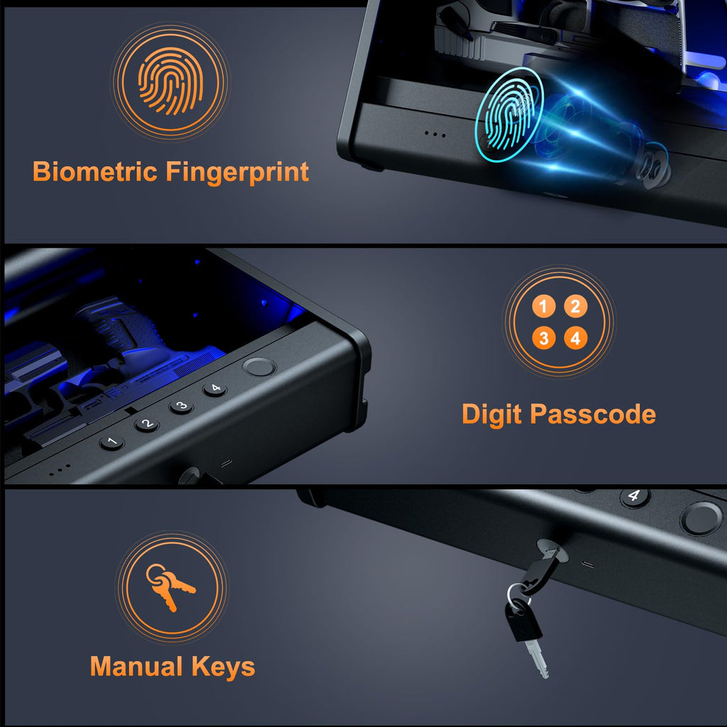 PINEWORLD Biometric Fingerprint Handgun Safe with Raised Backlit Keypad&Key