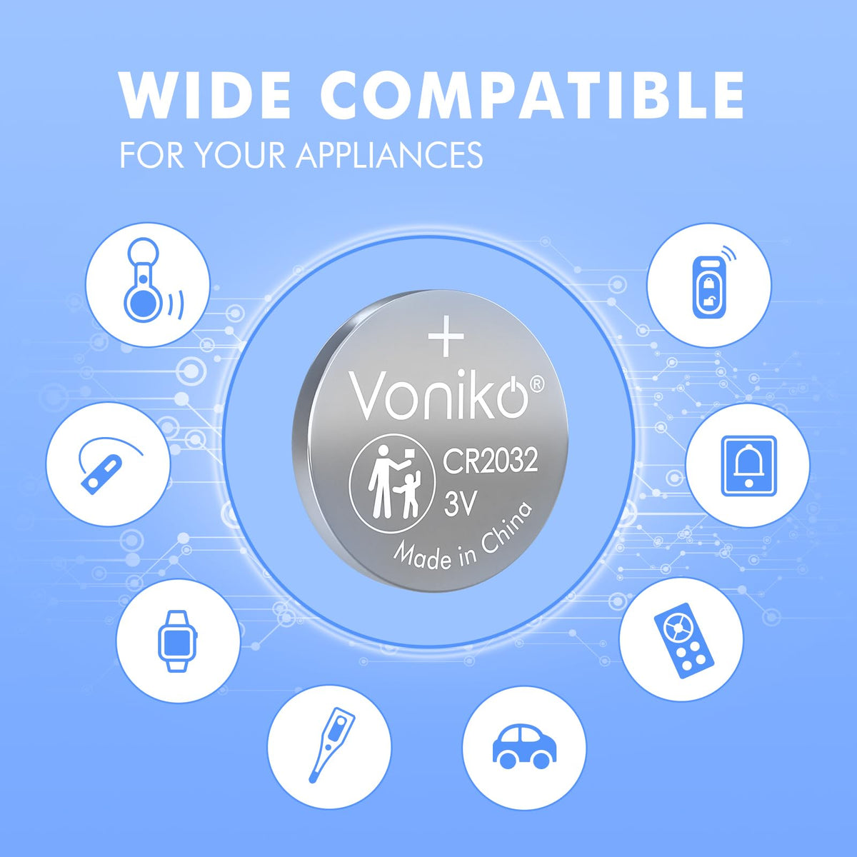Voniko CR2032 3V Lithium Batteries 5 Pack for Child Safety, Compatible with AirTag, Key Fobs, Thermometers, Scales – 7 Years Shelf Life