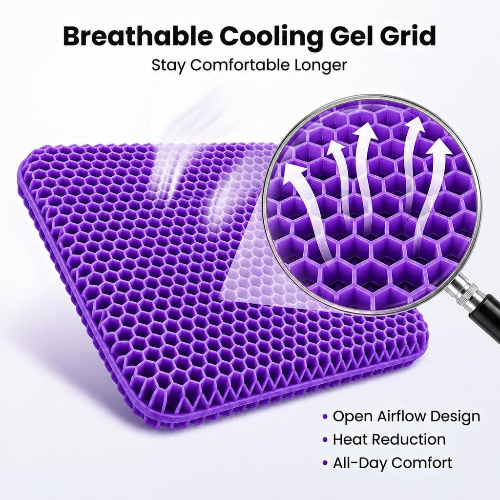 Extra Thick Large Pure Gel Seat Cushion for Long Sitting, Breathable Comfort Cushion for Back, Sciatica, Tailbone & Hip Pain Relief, Washable Portable Cushion for Office Chair, Car, Wheelchair