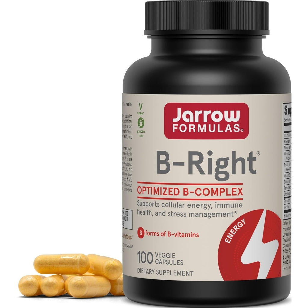 Jarrow Formulas B-Right,Optimized B Complex Featuring Vit B1,B2,B5,B6,B12 and B9 to Support Cellular Energy,Immune Health and Stress Management,100 Veggie Caps,Up to a 100 Day Supply, Pack of 12