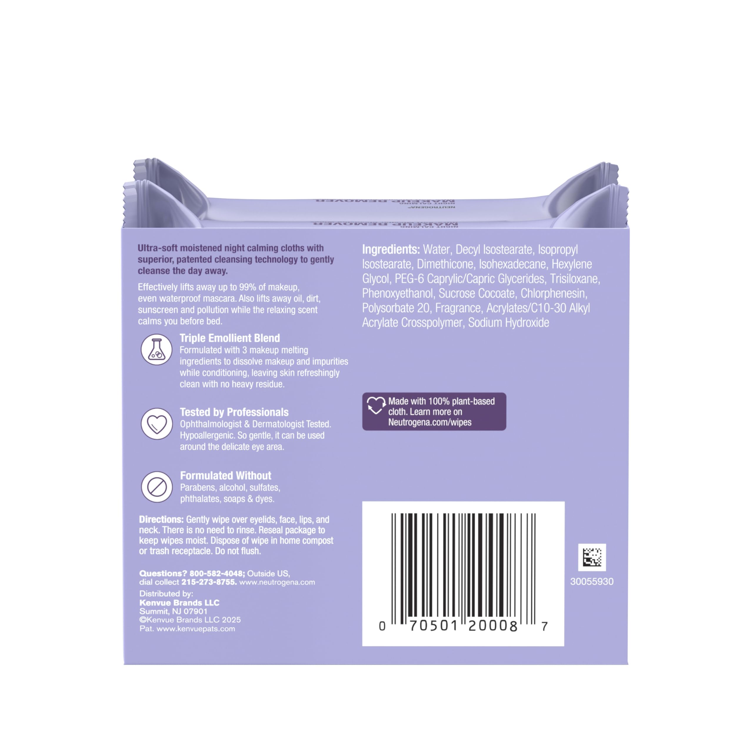 Neutrogena Night Calming Makeup Remover Face Wipes, 2 x 50 ct | Nighttime Cleansing Towelettes, Remove Sweat Dirt & Makeup, Hypoallergenic, 100% Plant Based Cloth