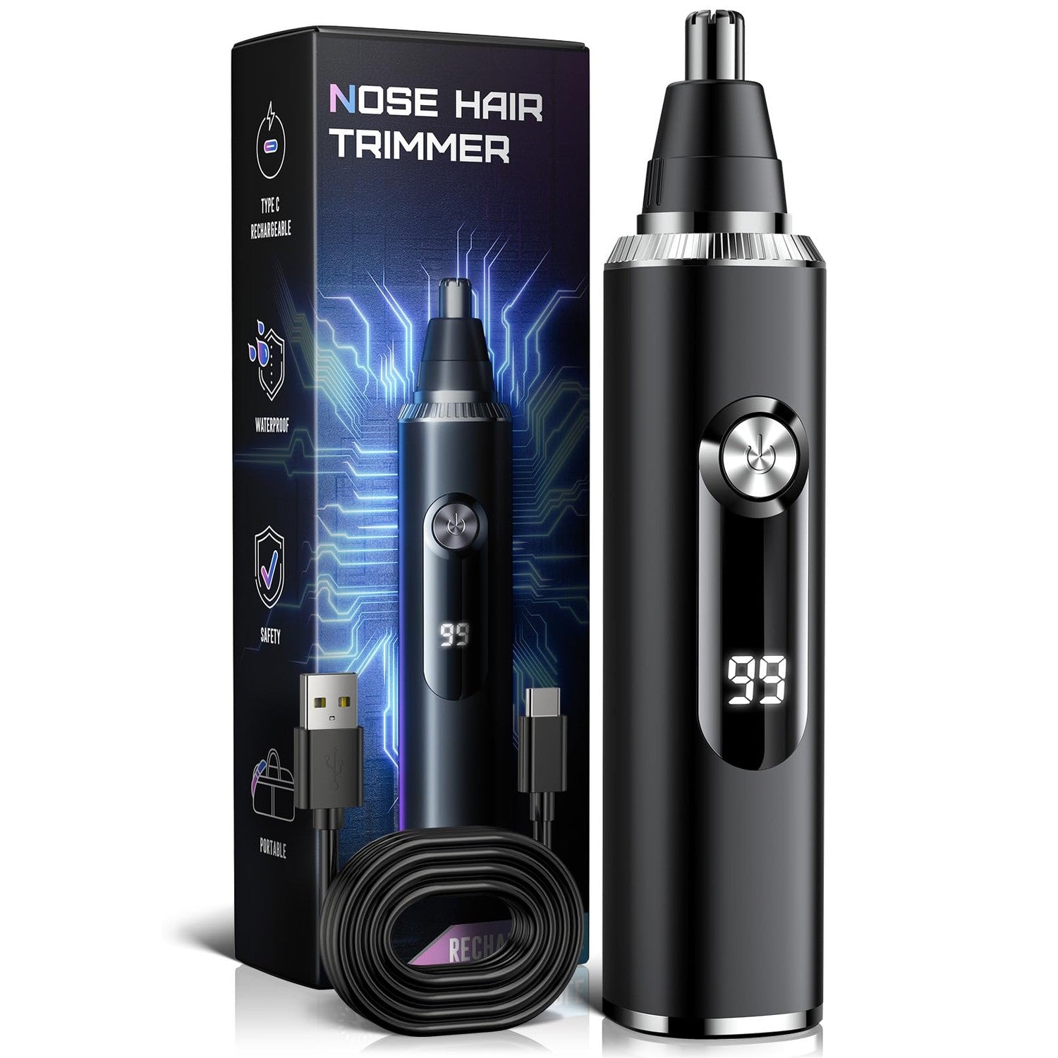 Nose Hair Trimmer for Men and Women, USB Rechargeable Electric Facial and Ear Hair Remover with LED Display, Dual-Edge Blades for Smooth, Painless Eyebrow Grooming (Black)